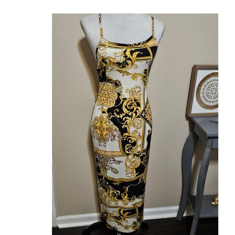 Magia USA Womens Baroque Scroll Print Bodycon Maxi Dress Gold Black White Large